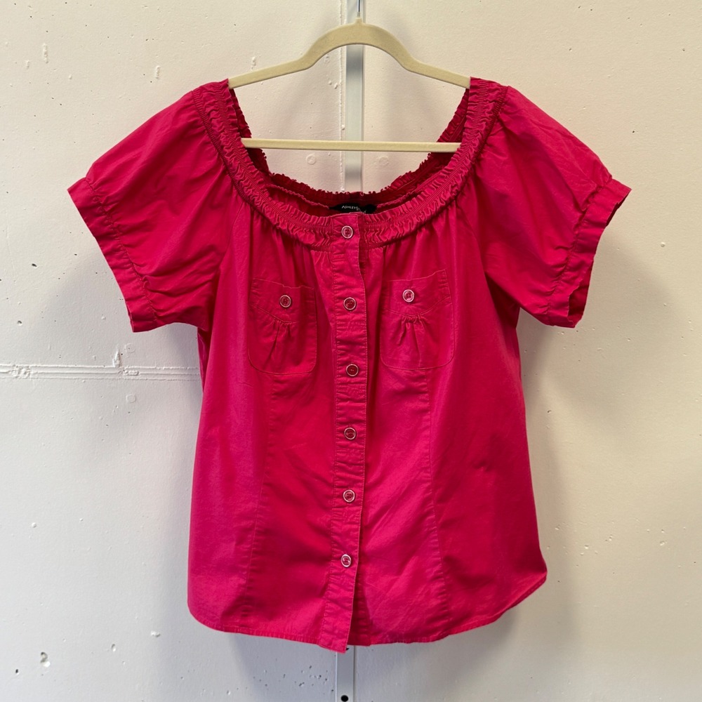 Ashley‎ Stewart Pink Short Sleeve Button Front Blouse Smocked Scoop Neck Top 16
